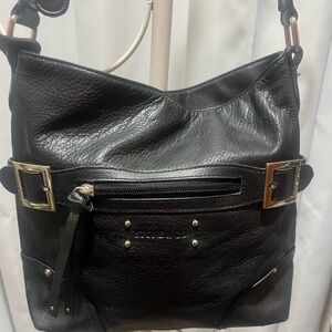 Stone & Co Black Pebbled Leather Crossbody Bag Silver Hardware Teal Lining